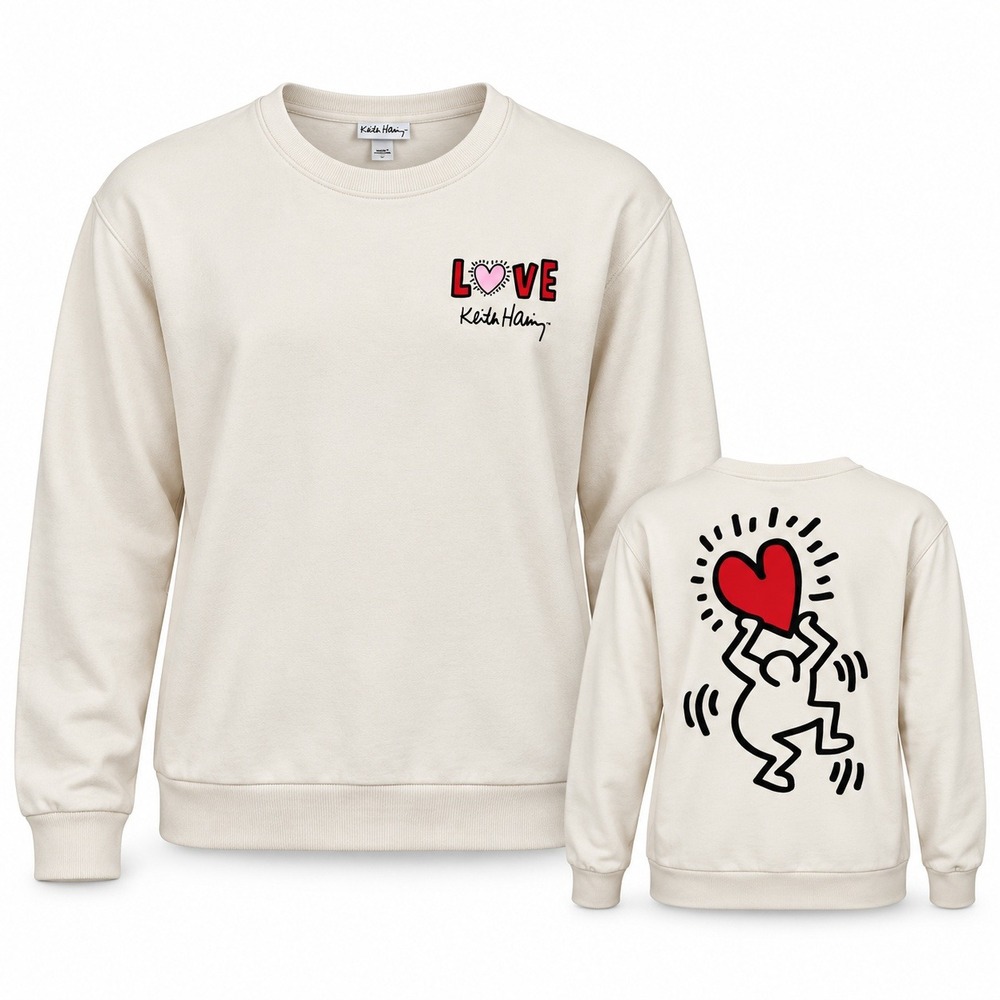 Keith Haring Sweatshirt L Cream Graphic Pop Art Heart Streetwear Indie Cotton
